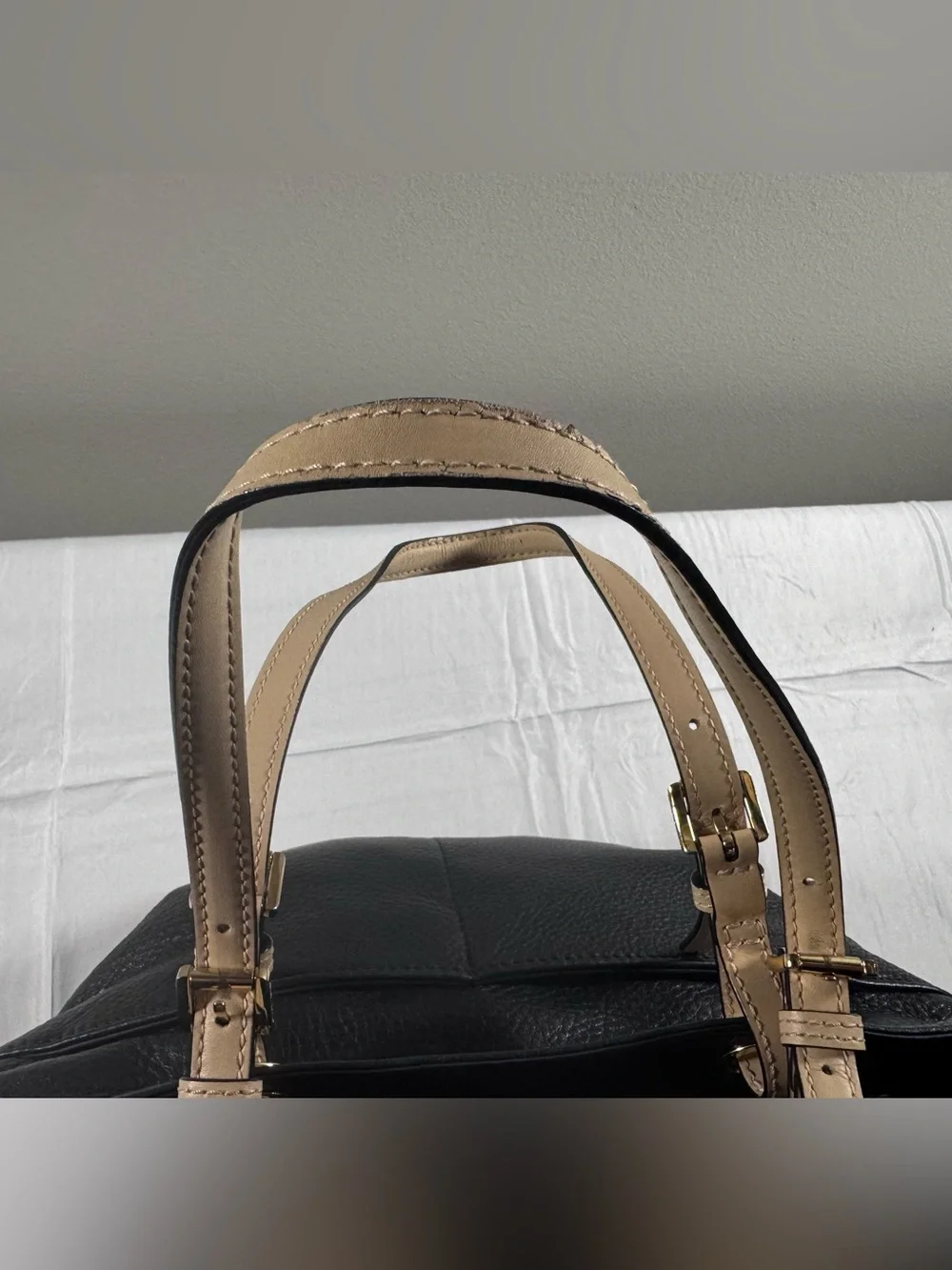 Michael Kors Bedford Black Pebbled Leather Tote with Tan Trim
